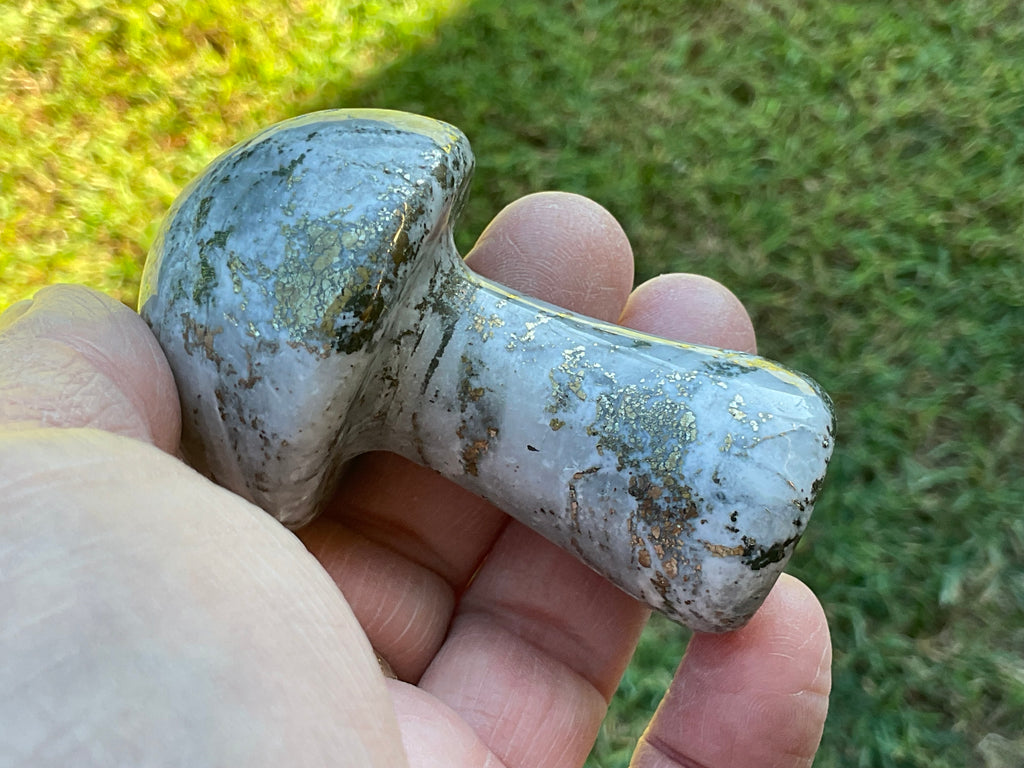 141g Pyrite in Quartz with Calcite Mushroom Carving 2B