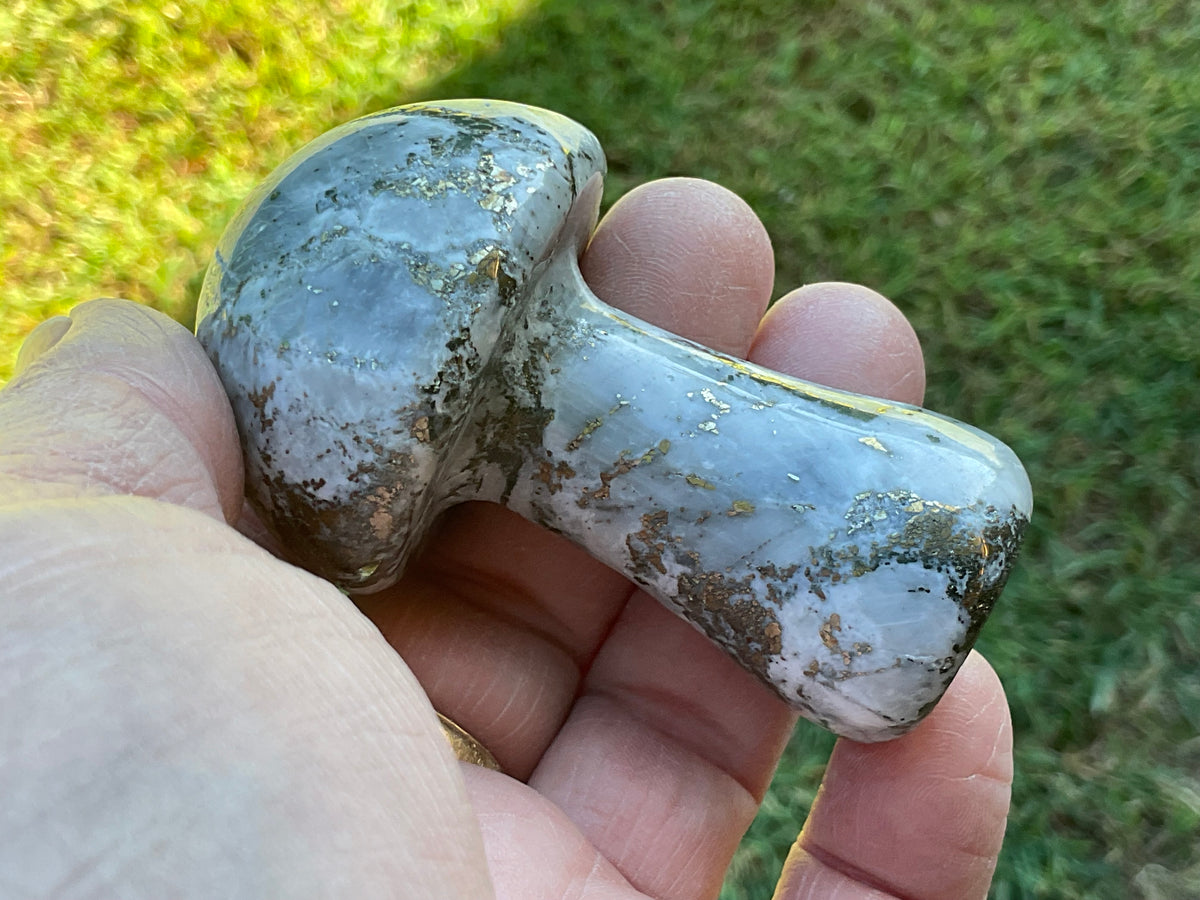 141g Pyrite in Quartz with Calcite Mushroom Carving 2B