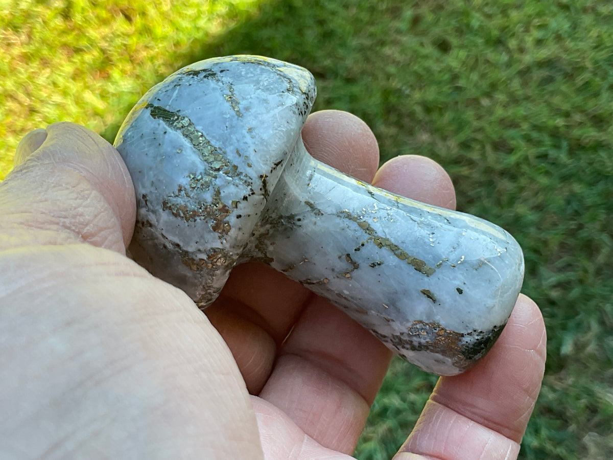 141g Pyrite in Quartz with Calcite Mushroom Carving 2B