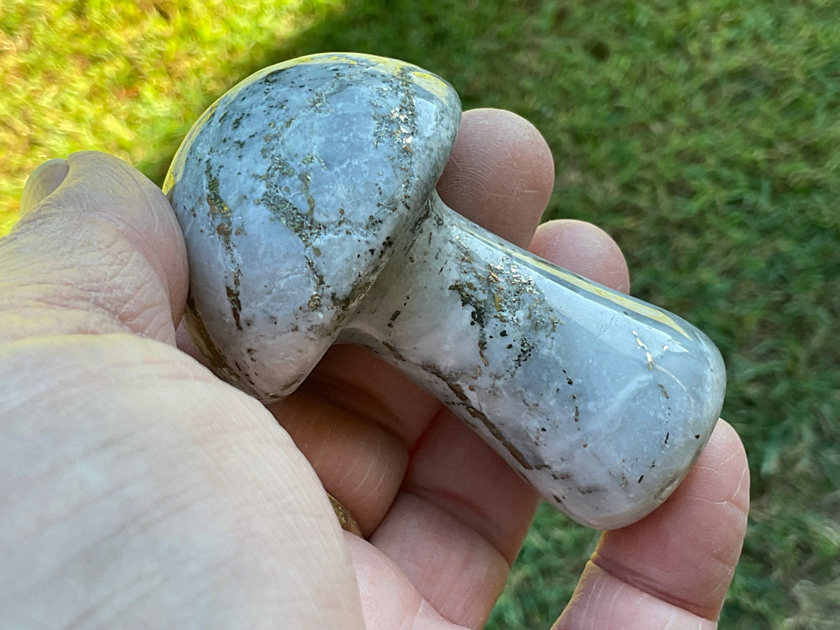 141g Pyrite in Quartz with Calcite Mushroom Carving 2B