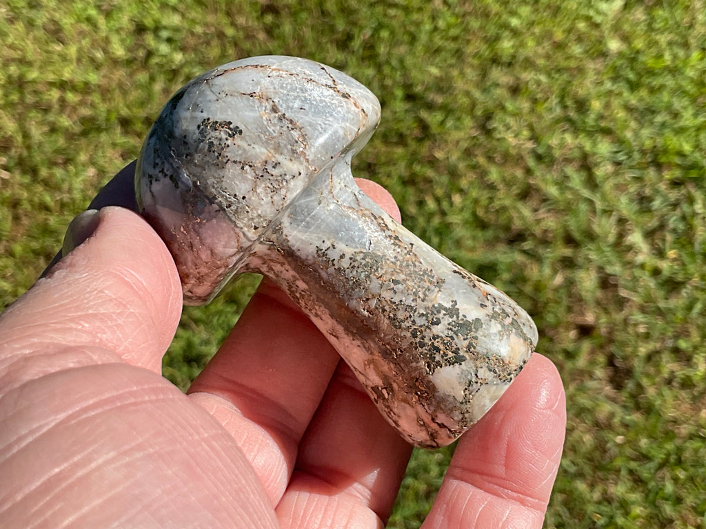 152g Pyrite in Quartz with Calcite Mushroom Carving 2C