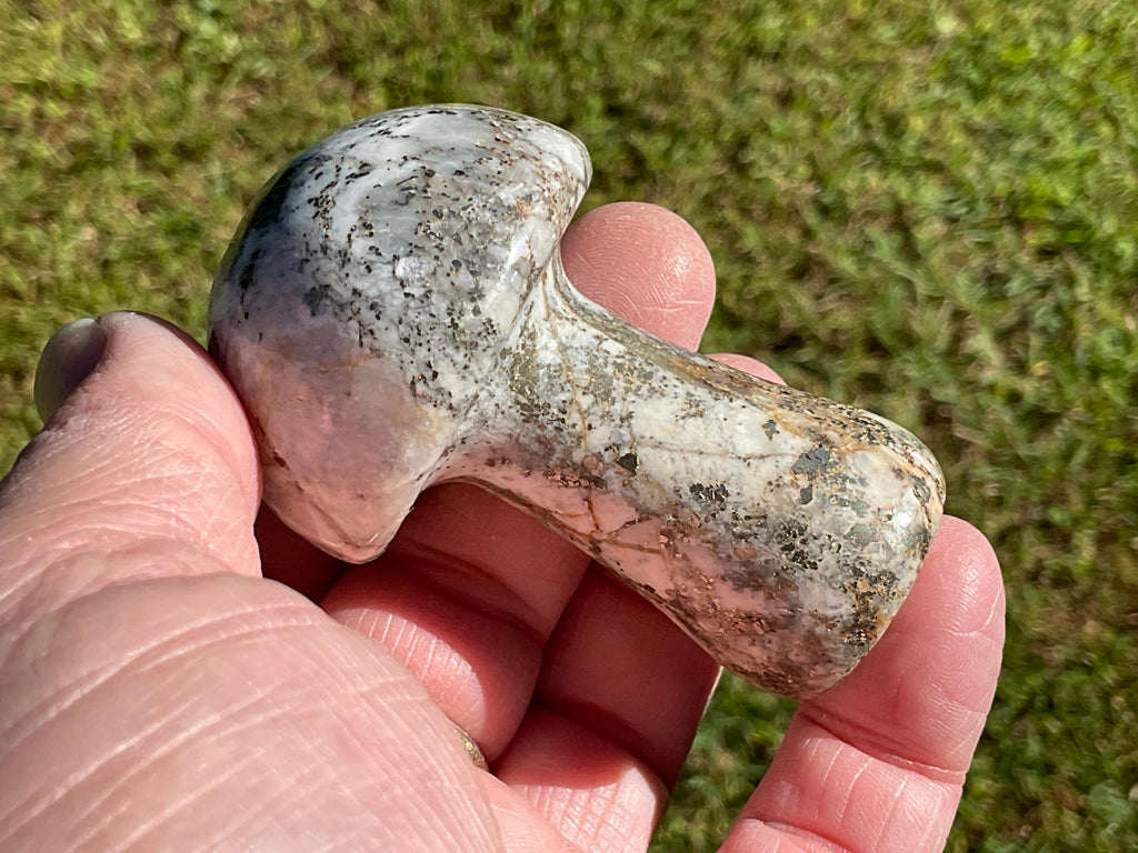 152g Pyrite in Quartz with Calcite Mushroom Carving 2C