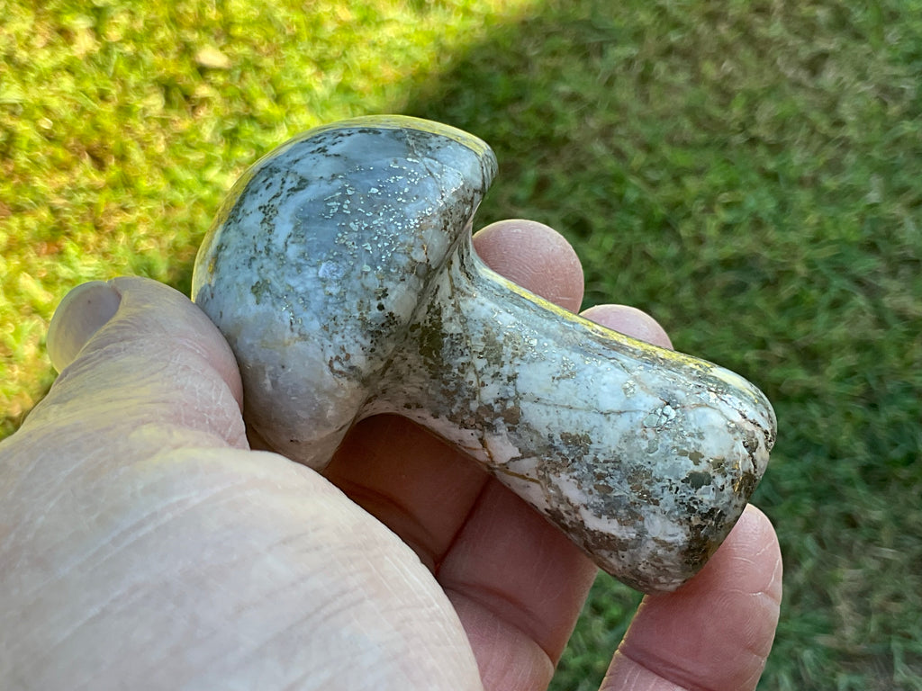 152g Pyrite in Quartz with Calcite Mushroom Carving 2C