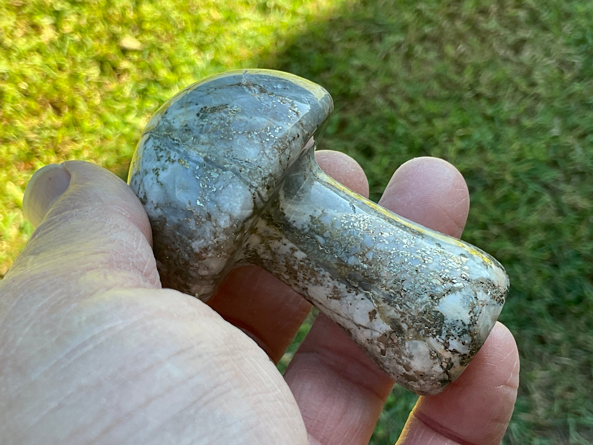 152g Pyrite in Quartz with Calcite Mushroom Carving 2C