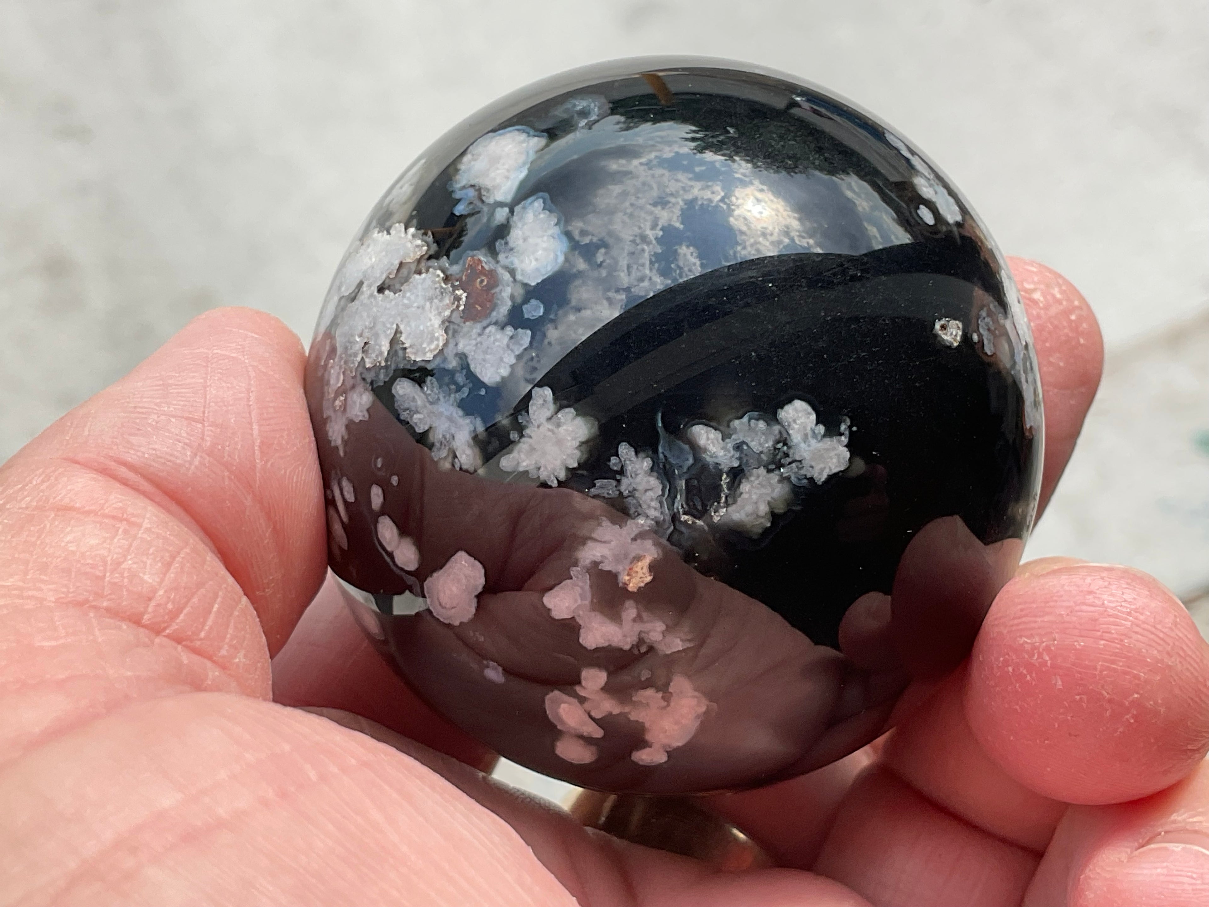 226g Black Flower Agate Sphere 4C