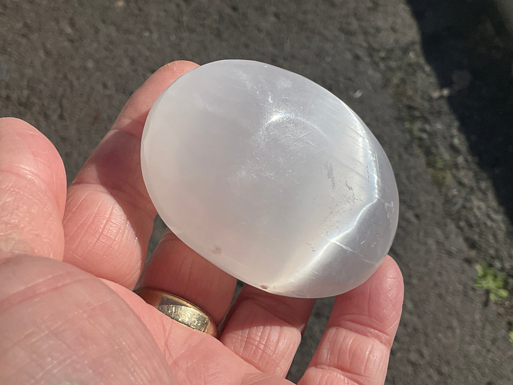 115g Flower of Life Etched Selenite Palmstone 1B