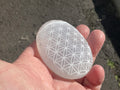 115g Flower of Life Etched Selenite Palmstone 1B