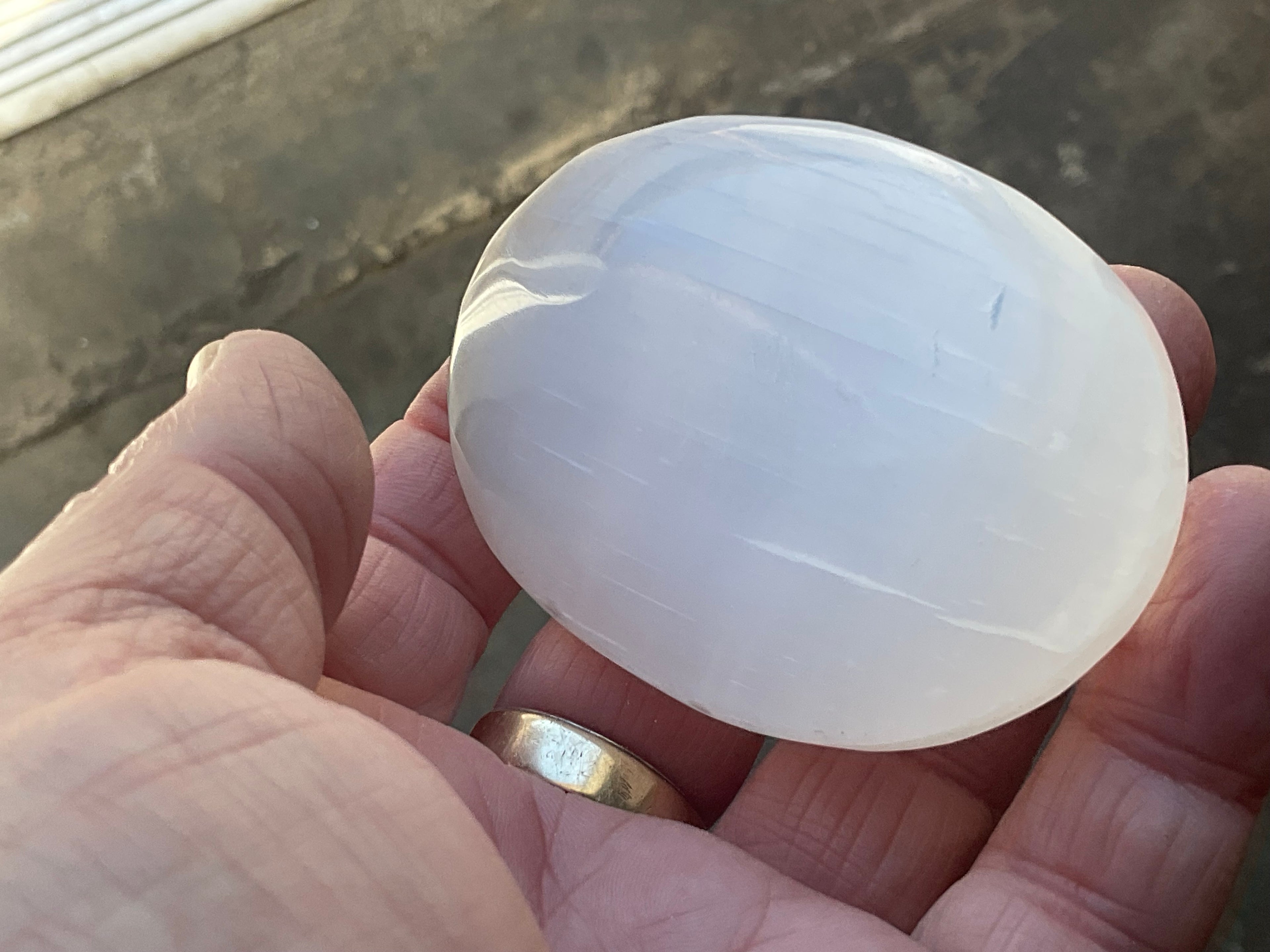 115g Flower of Life Etched Selenite Palmstone 1B