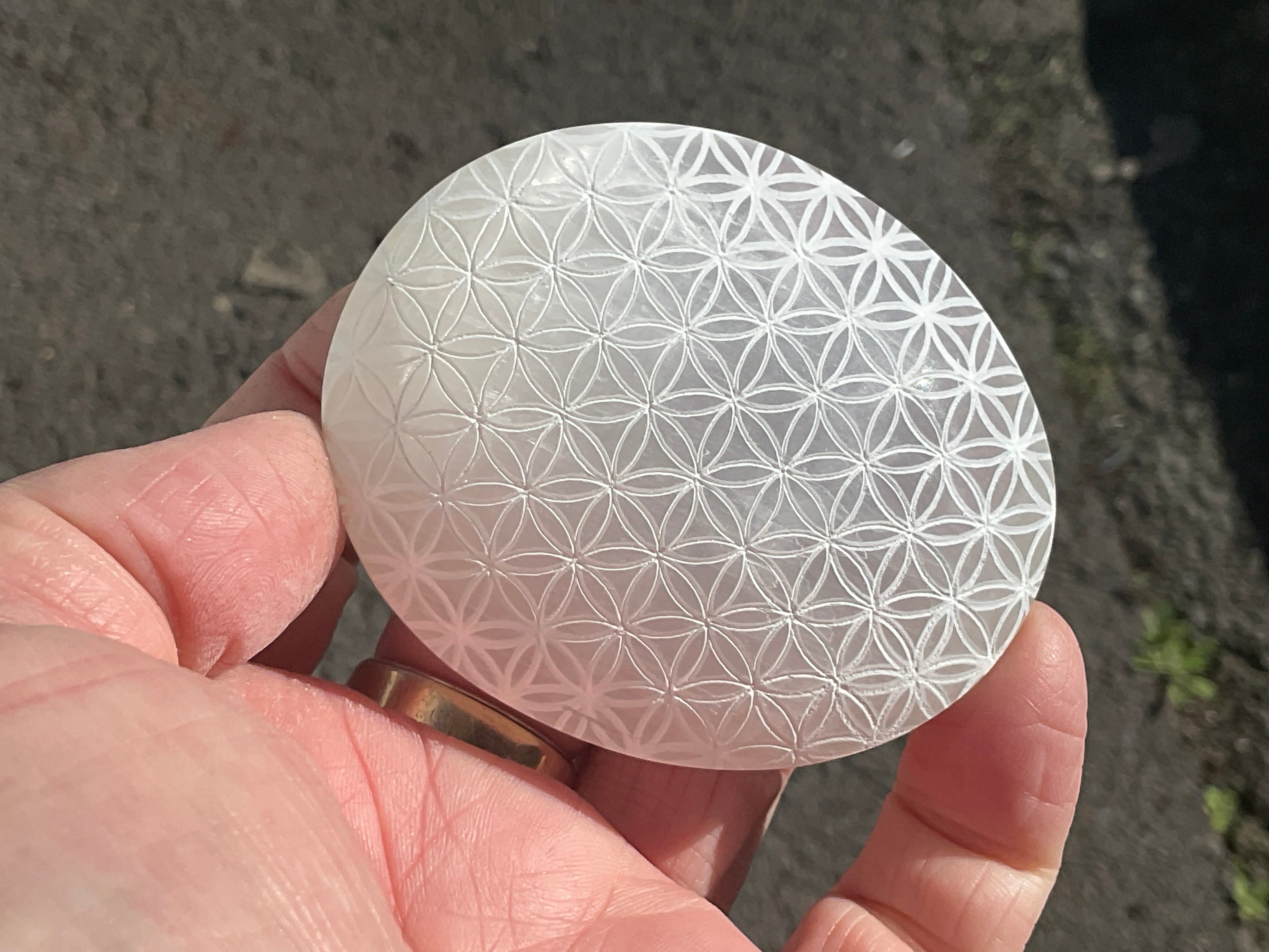 100g Flower of Life Etched Selenite Palmstone 2A
