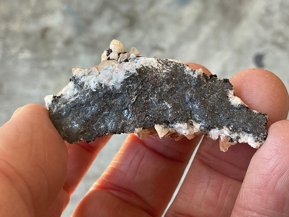 30g Diamond Calcite on Black Siderite with Red Hematite