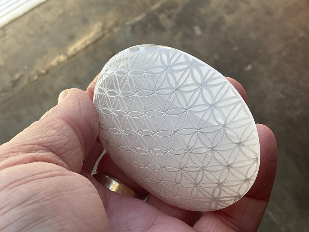 100g Flower of Life Etched Selenite Palmstone 2A