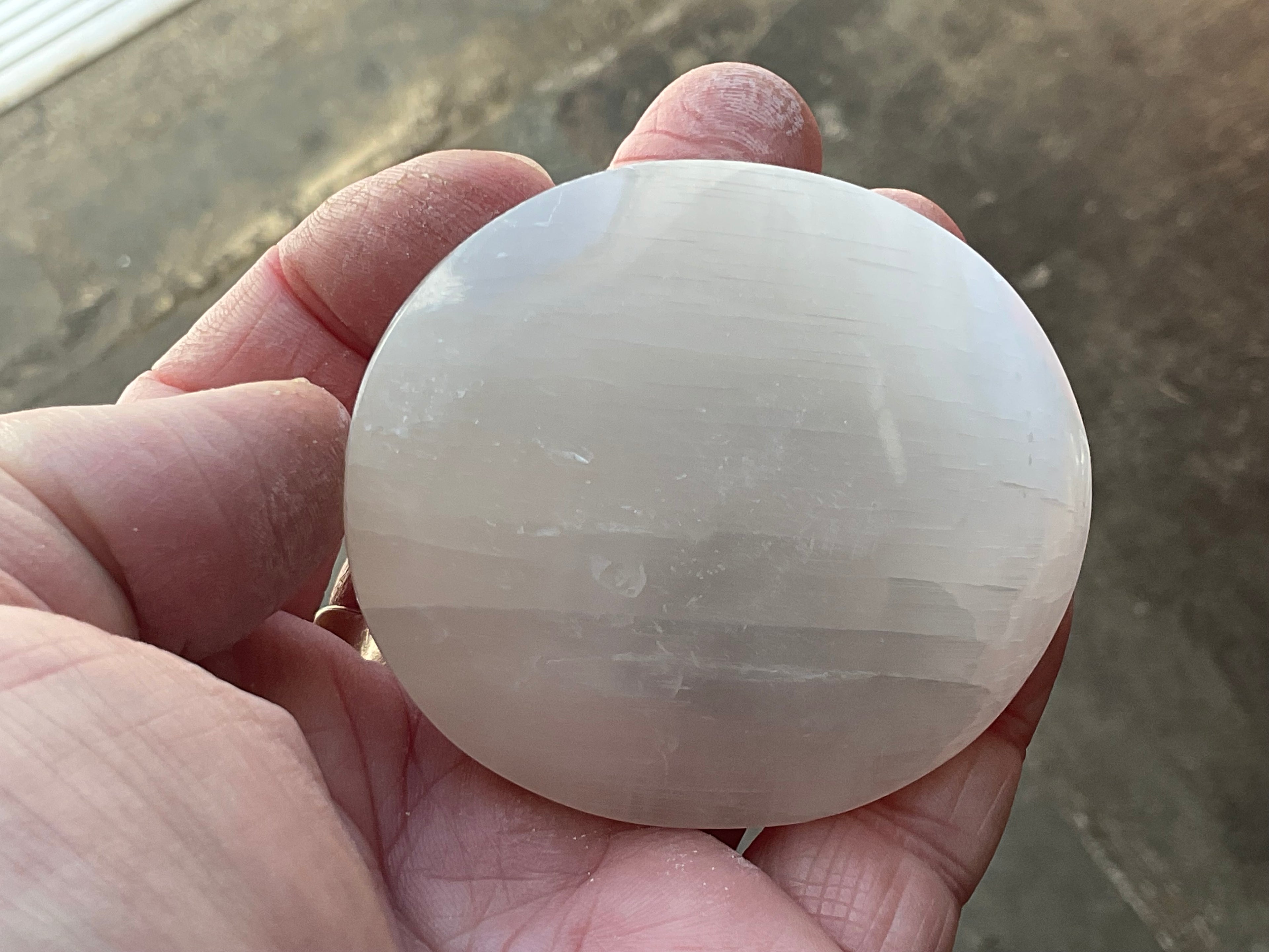 100g Flower of Life Etched Selenite Palmstone 2A