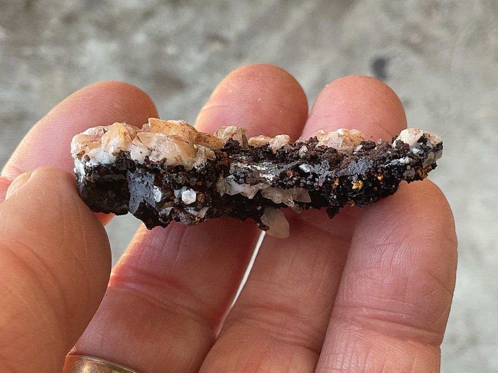 26g Diamond Calcite on Black Siderite with Red Hematite Specimen 1B
