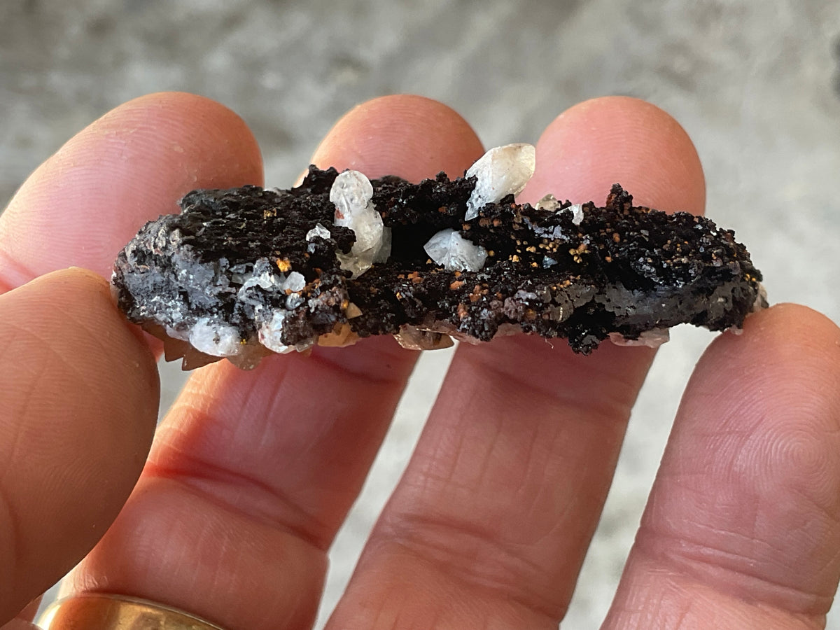 26g Diamond Calcite on Black Siderite with Red Hematite Specimen 1B