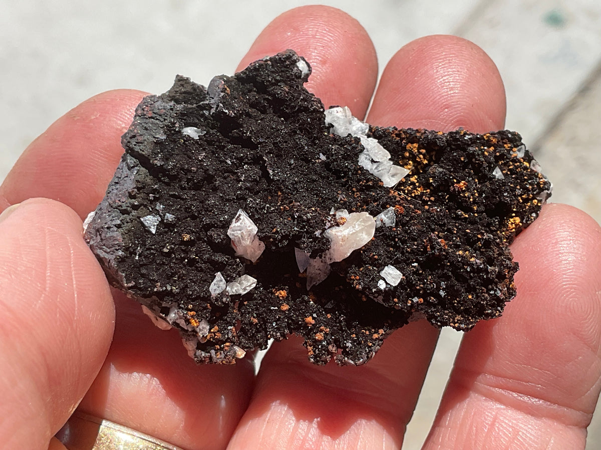 26g Diamond Calcite on Black Siderite with Red Hematite Specimen 1B