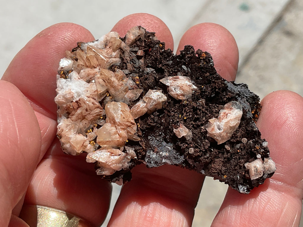 26g Diamond Calcite on Black Siderite with Red Hematite Specimen 1B