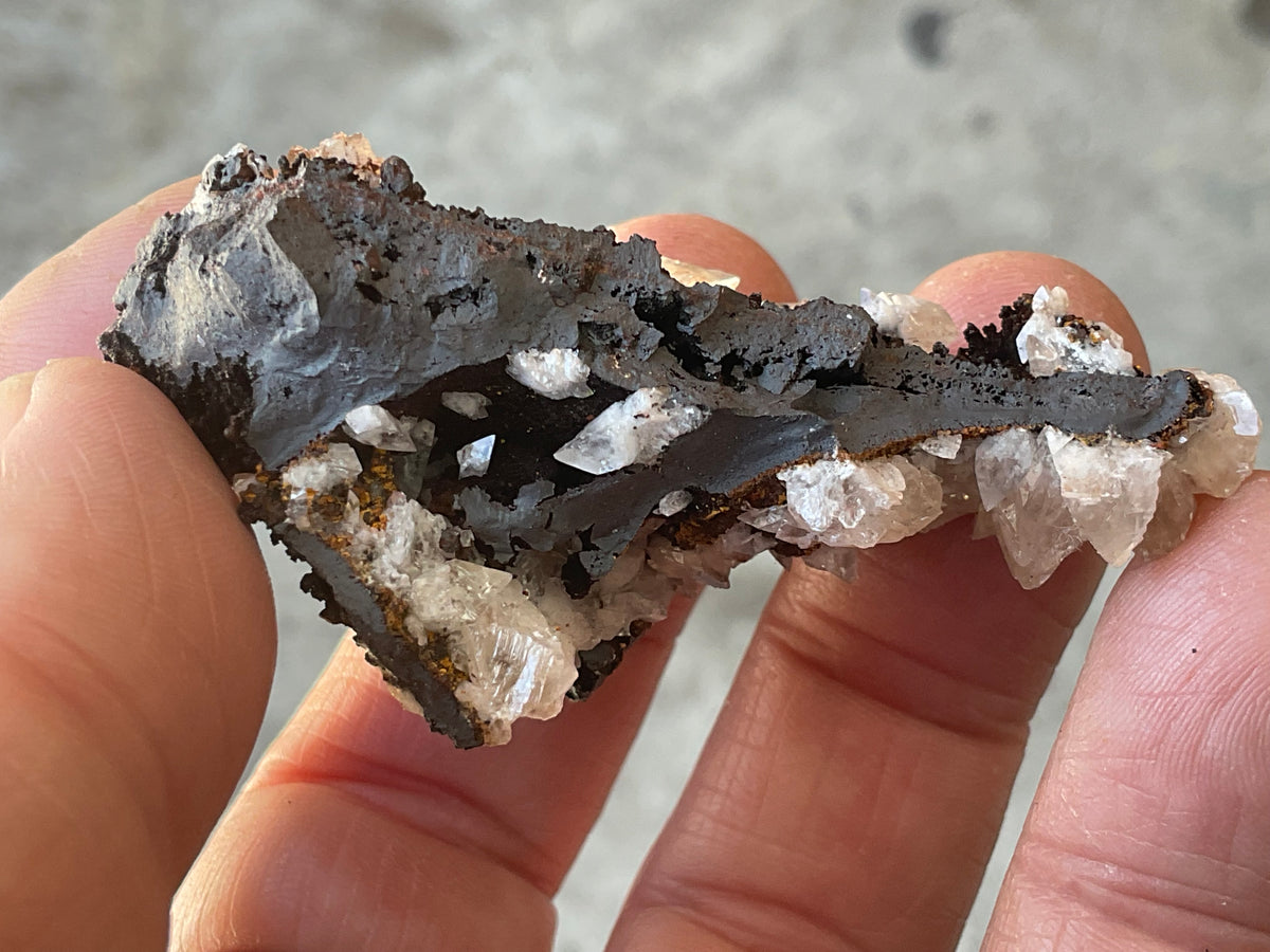 46g Diamond Calcite on Black Siderite with Red Hematite Specimen 2A