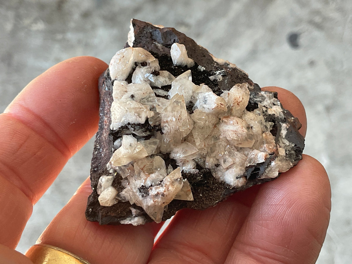 56g Diamond Calcite on Black Siderite with Red Hematite Specimen 3A
