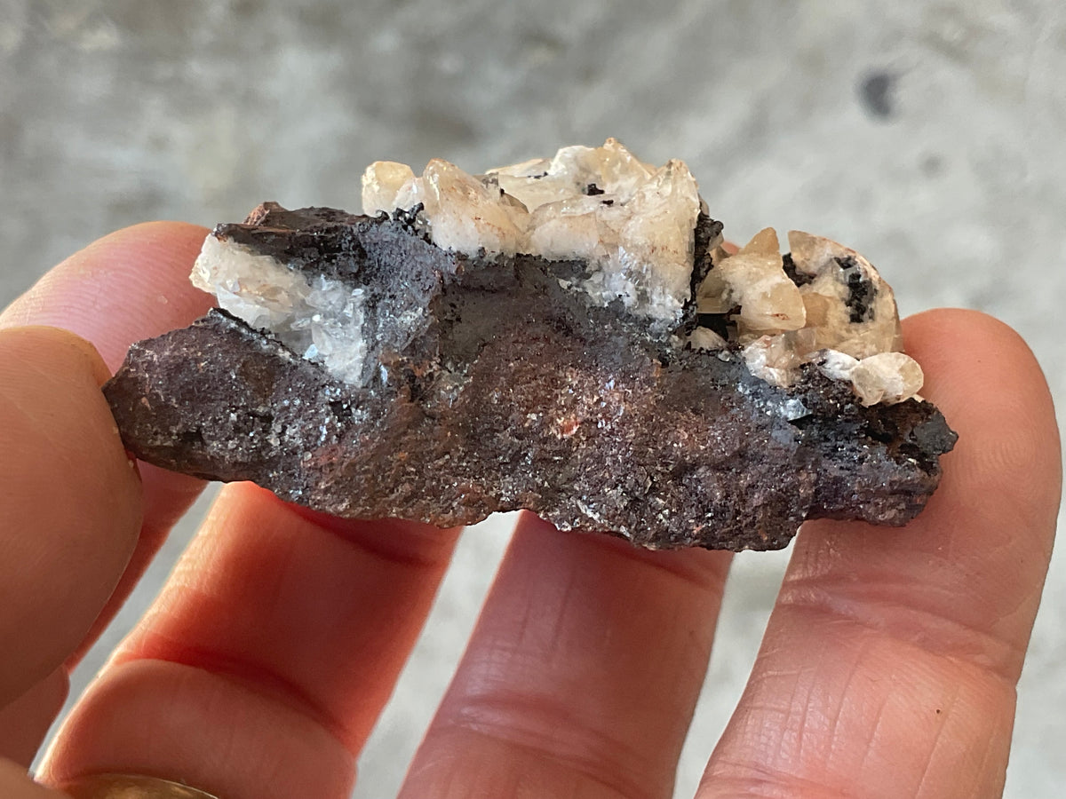 56g Diamond Calcite on Black Siderite with Red Hematite Specimen 3A