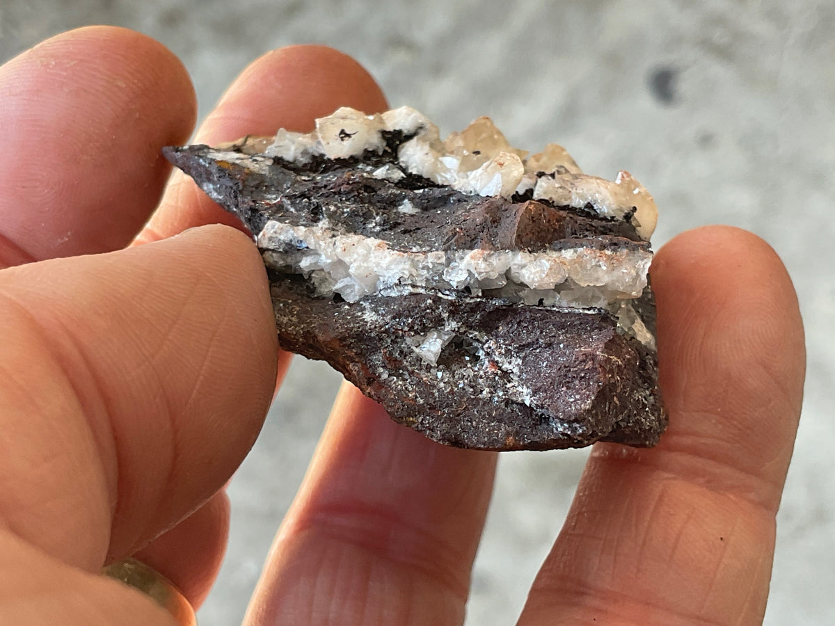 56g Diamond Calcite on Black Siderite with Red Hematite Specimen 3A