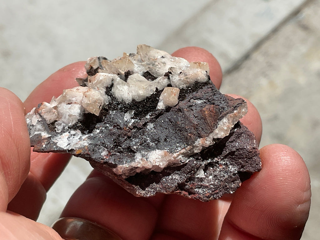 56g Diamond Calcite on Black Siderite with Red Hematite Specimen 3A