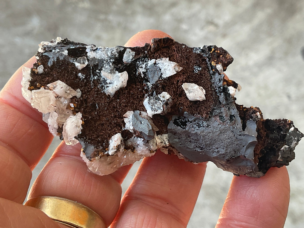 60g Diamond Calcite on Black Siderite with Red Hematite Specimen 3C