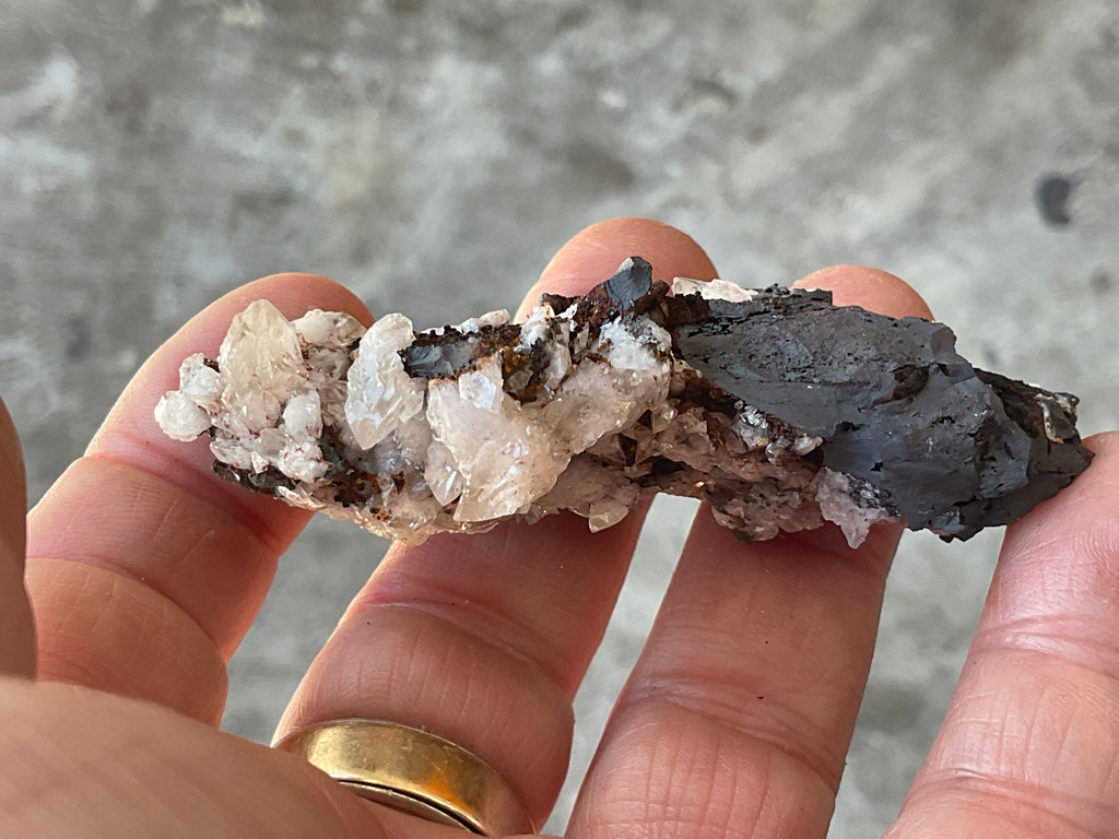 60g Diamond Calcite on Black Siderite with Red Hematite Specimen 3C