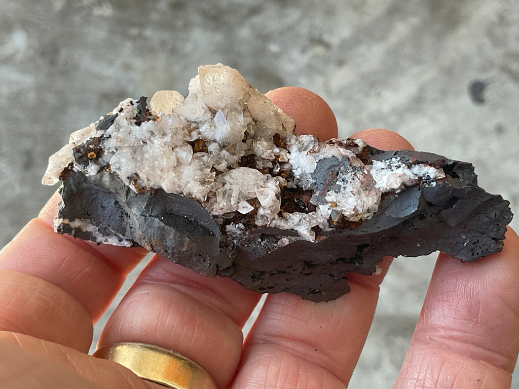 60g Diamond Calcite on Black Siderite with Red Hematite Specimen 3C