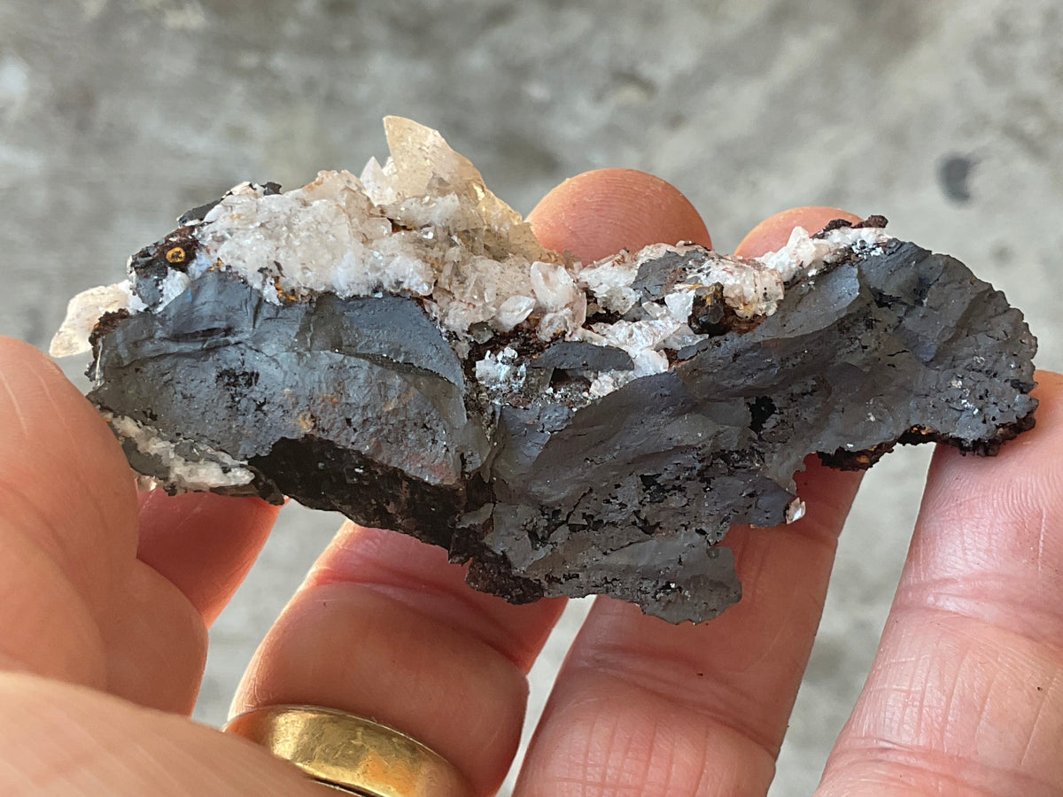60g Diamond Calcite on Black Siderite with Red Hematite Specimen 3C