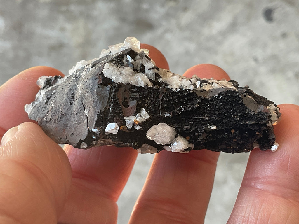 62g Diamond Calcite on Black Siderite with Red Hematite Specimen 4A