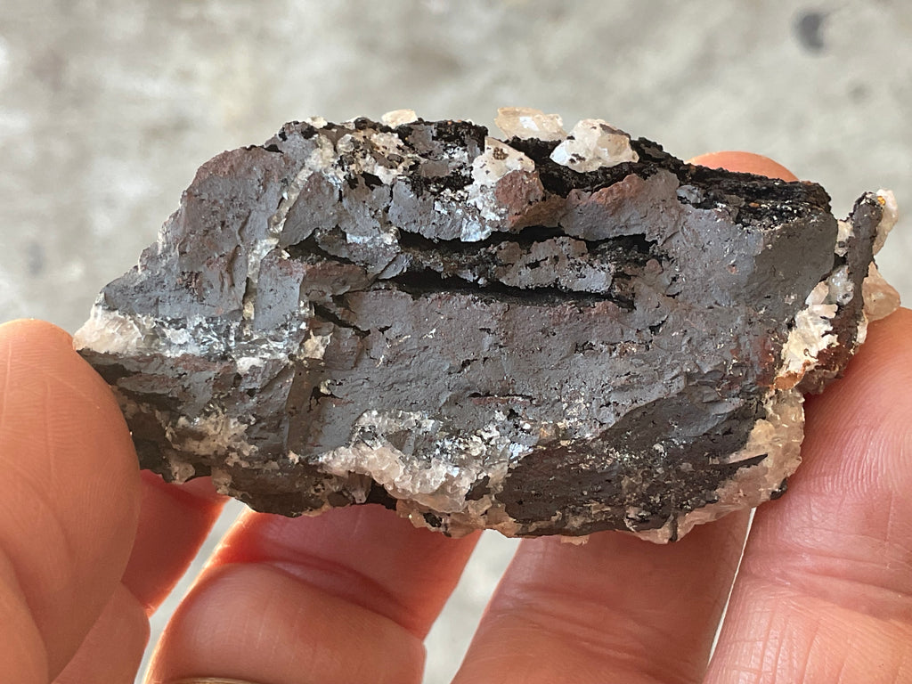 62g Diamond Calcite on Black Siderite with Red Hematite Specimen 4A