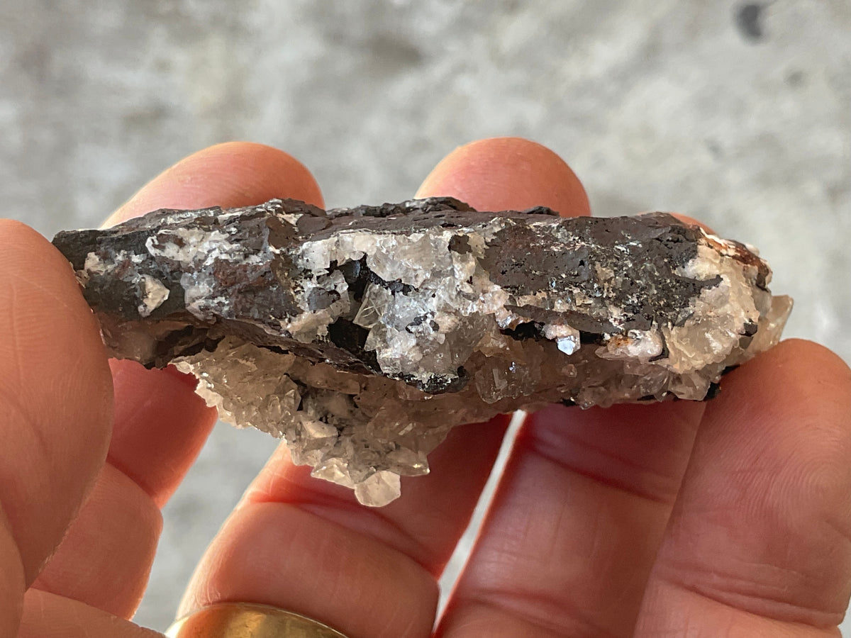 62g Diamond Calcite on Black Siderite with Red Hematite Specimen 4A
