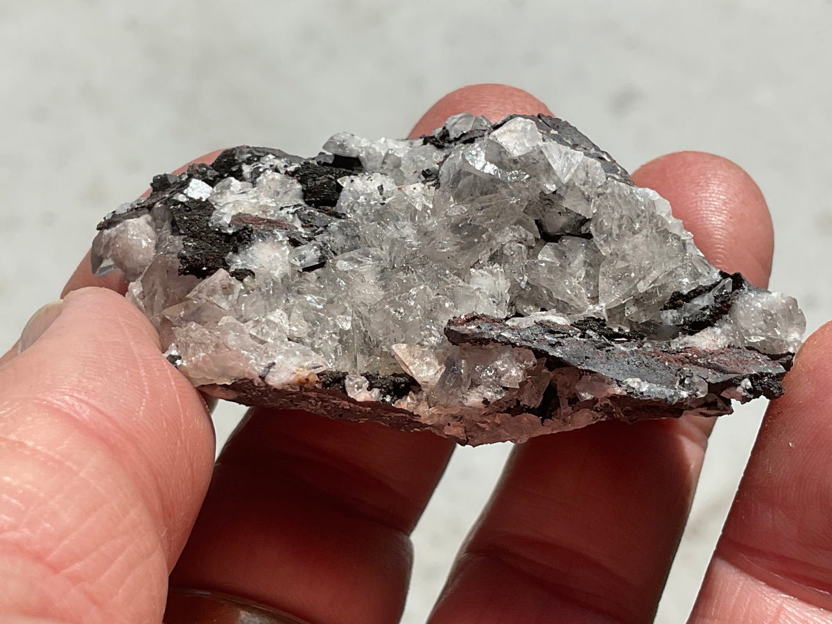 62g Diamond Calcite on Black Siderite with Red Hematite Specimen 4A