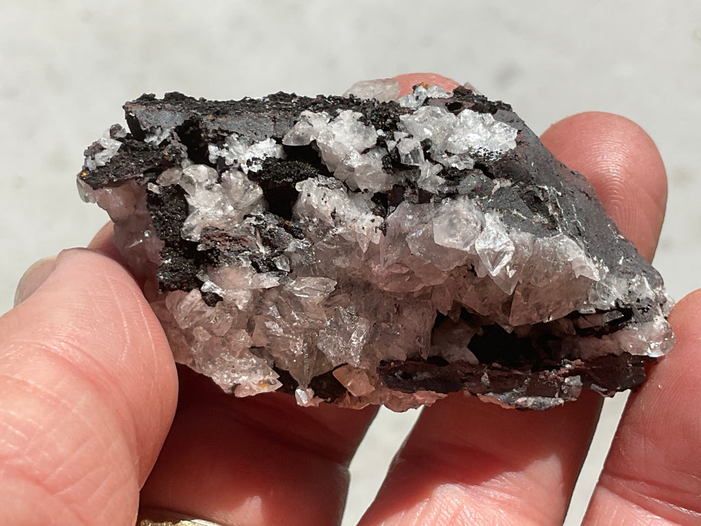 62g Diamond Calcite on Black Siderite with Red Hematite Specimen 4A