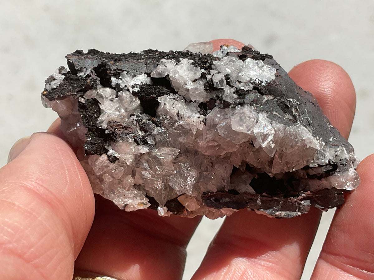 62g Diamond Calcite on Black Siderite with Red Hematite Specimen 4A