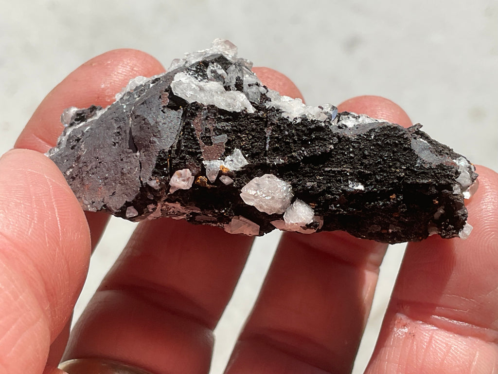 62g Diamond Calcite on Black Siderite with Red Hematite Specimen 4A