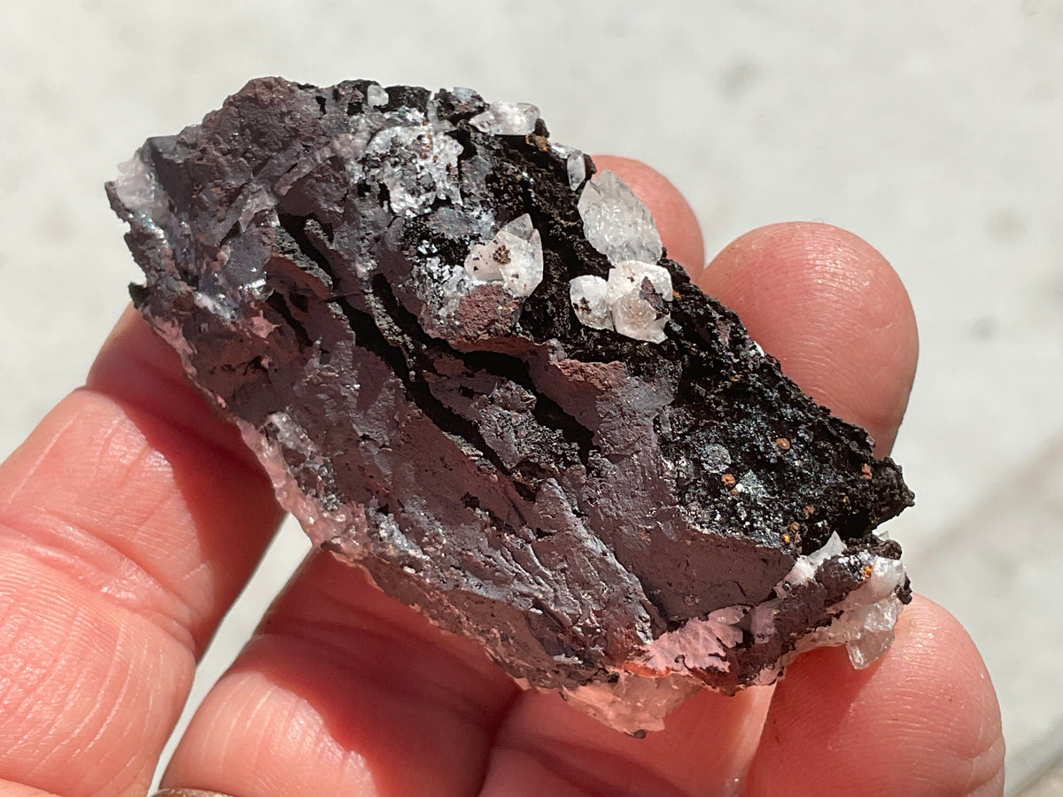 62g Diamond Calcite on Black Siderite with Red Hematite Specimen 4A