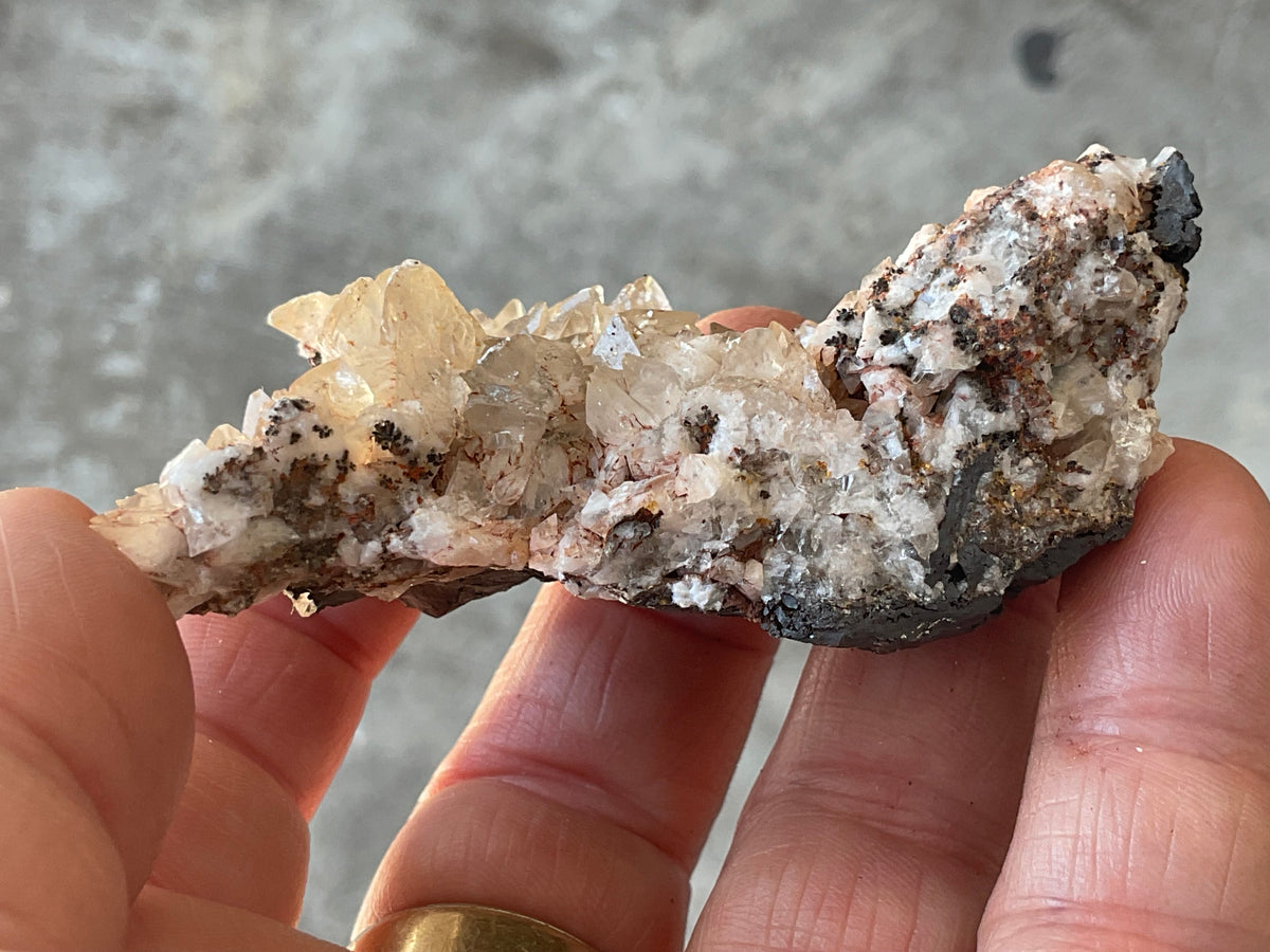 68g Diamond Calcite on Black Siderite with Red Hematite Specimen 5A