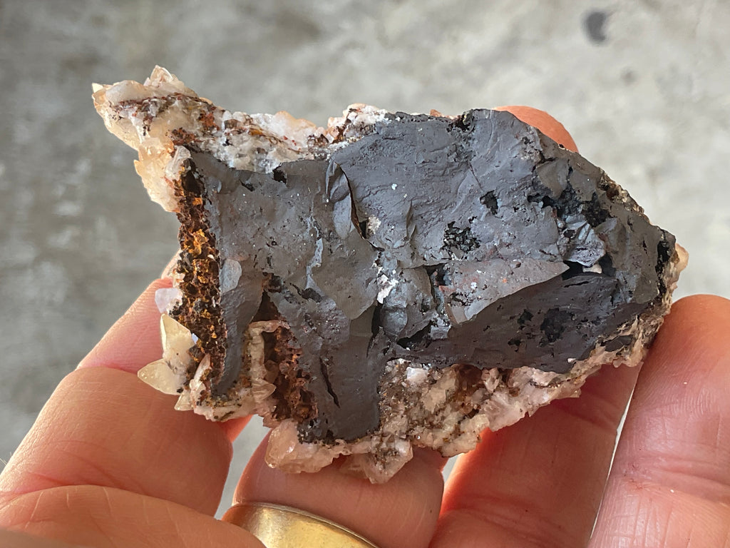 68g Diamond Calcite on Black Siderite with Red Hematite Specimen 5A