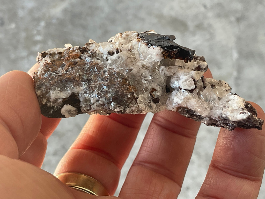 68g Diamond Calcite on Black Siderite with Red Hematite Specimen 5B