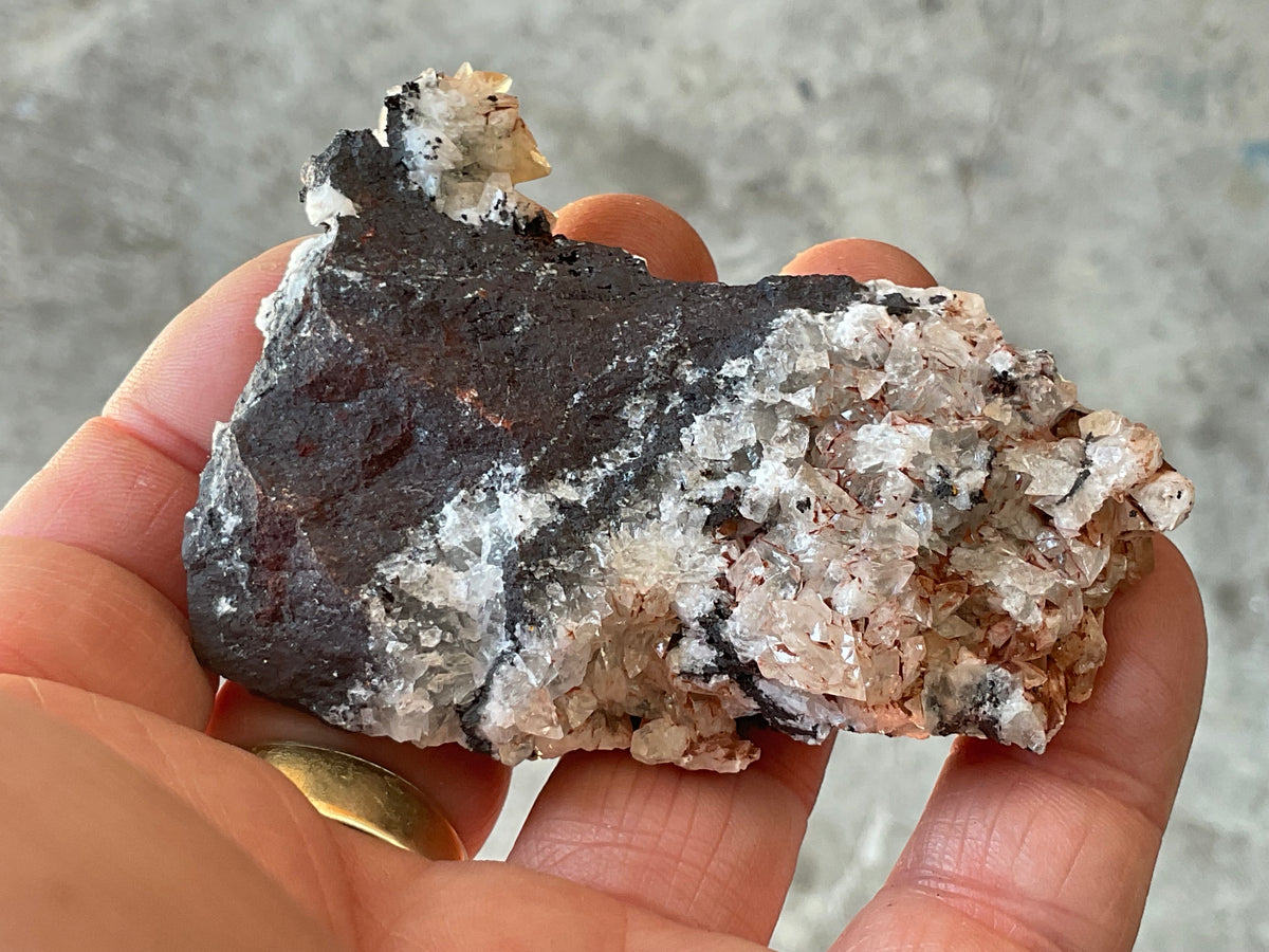 76g Diamond Calcite on Black Siderite with Red Hematite Specimen 6A