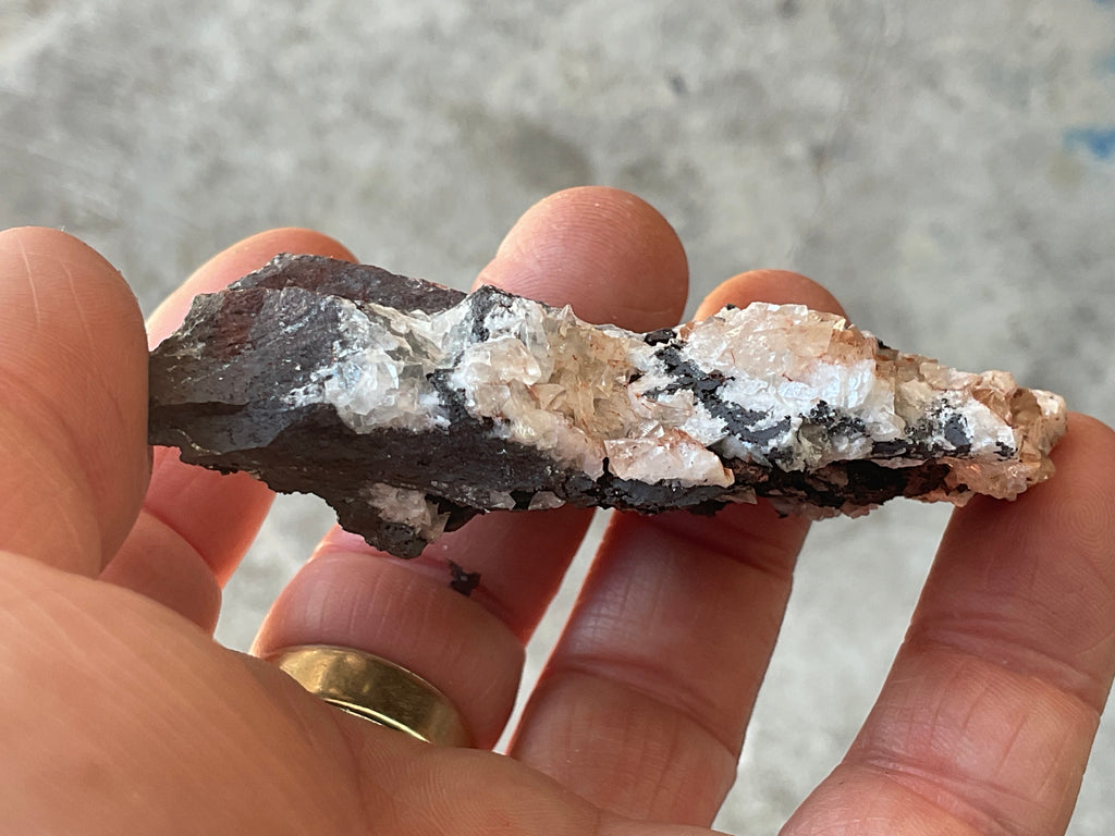 76g Diamond Calcite on Black Siderite with Red Hematite Specimen 6A
