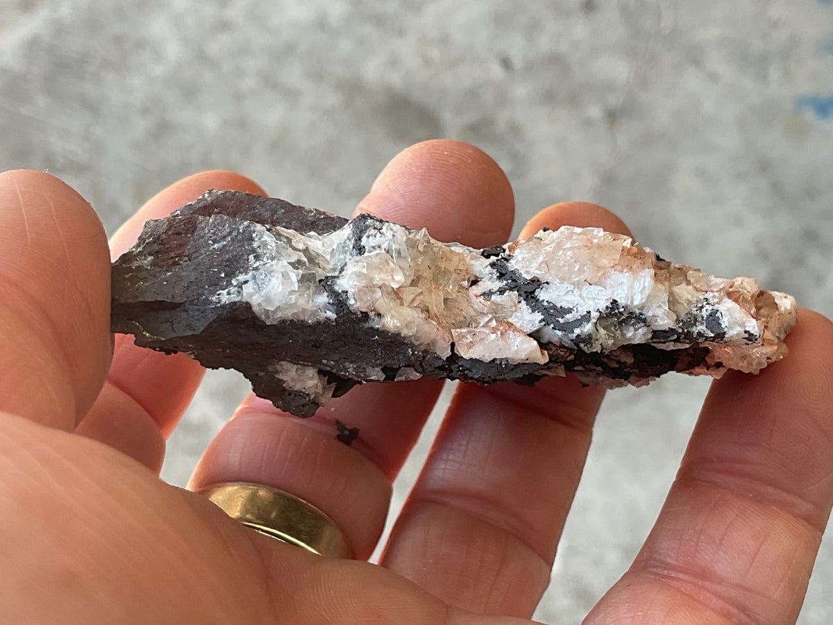 76g Diamond Calcite on Black Siderite with Red Hematite Specimen 6A