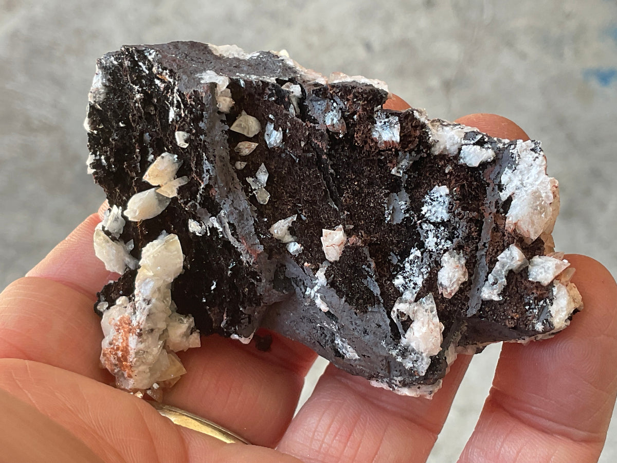 76g Diamond Calcite on Black Siderite with Red Hematite Specimen 6A