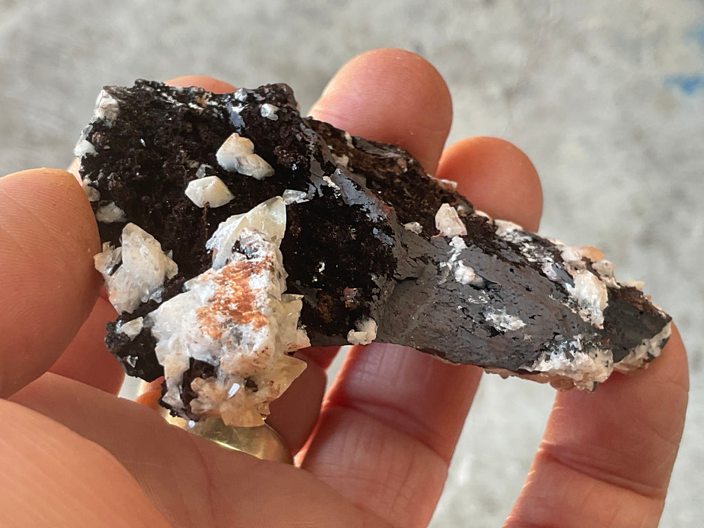 76g Diamond Calcite on Black Siderite with Red Hematite Specimen 6A