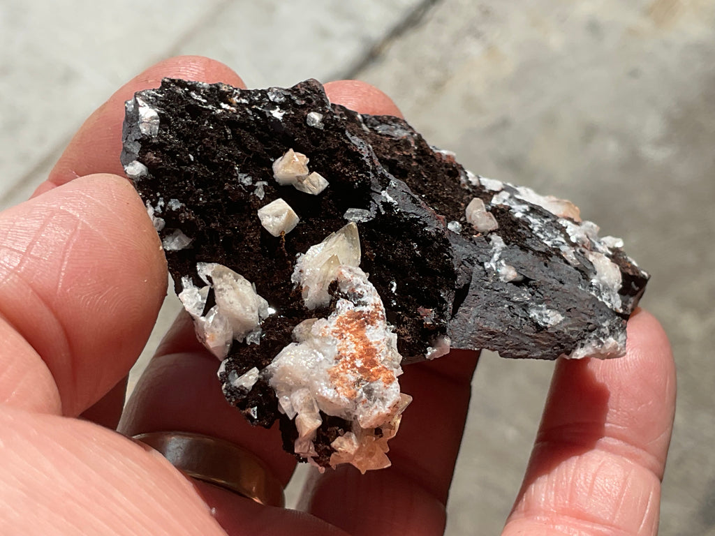 76g Diamond Calcite on Black Siderite with Red Hematite Specimen 6A