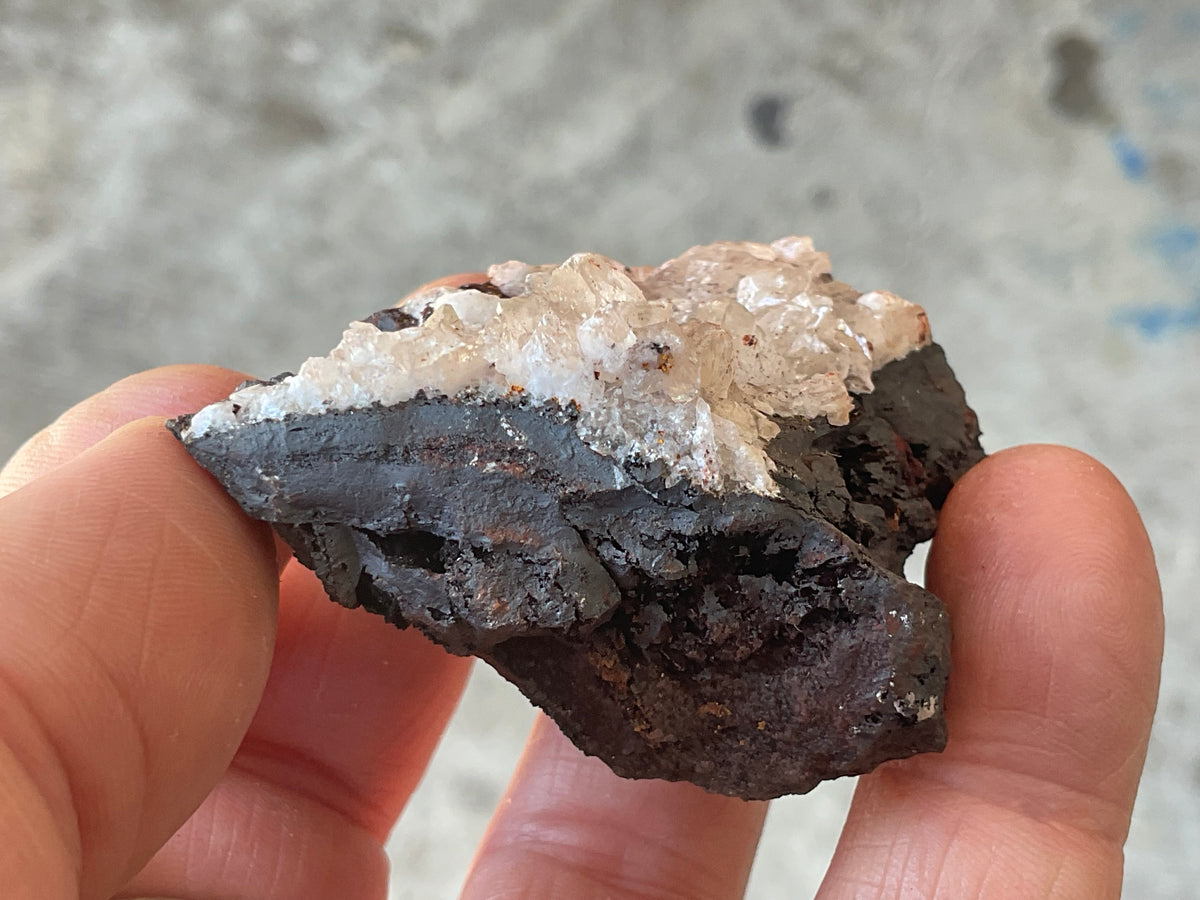 88g Diamond Calcite on Black Siderite with Red Hematite Specimen 6B