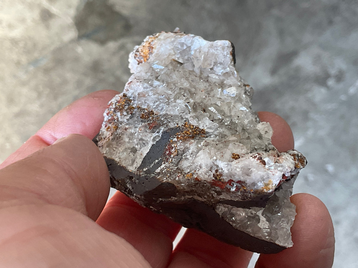 90g Diamond Calcite on Black Siderite with Red Hematite Specimen 6C