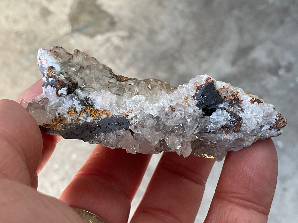 90g Diamond Calcite on Black Siderite with Red Hematite Specimen 6C