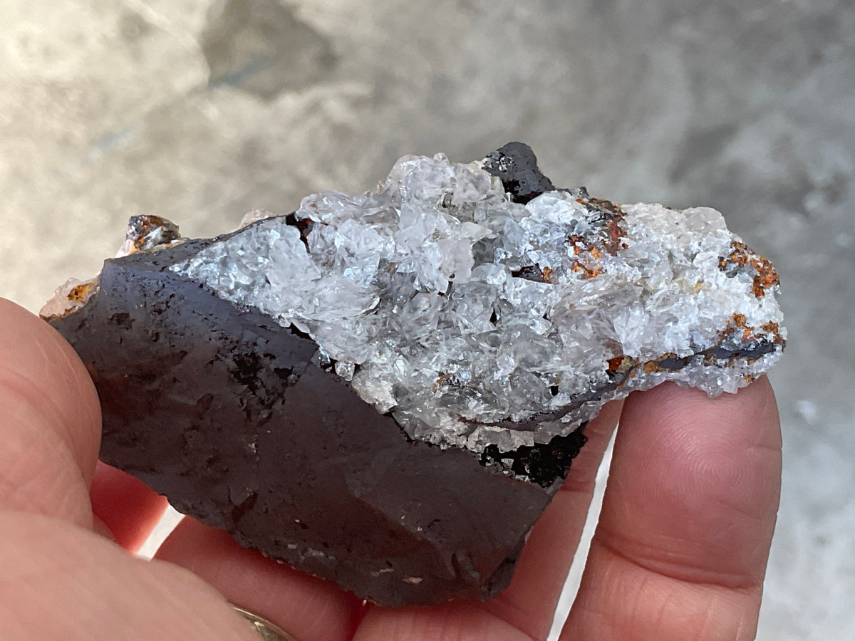 90g Diamond Calcite on Black Siderite with Red Hematite Specimen 6C